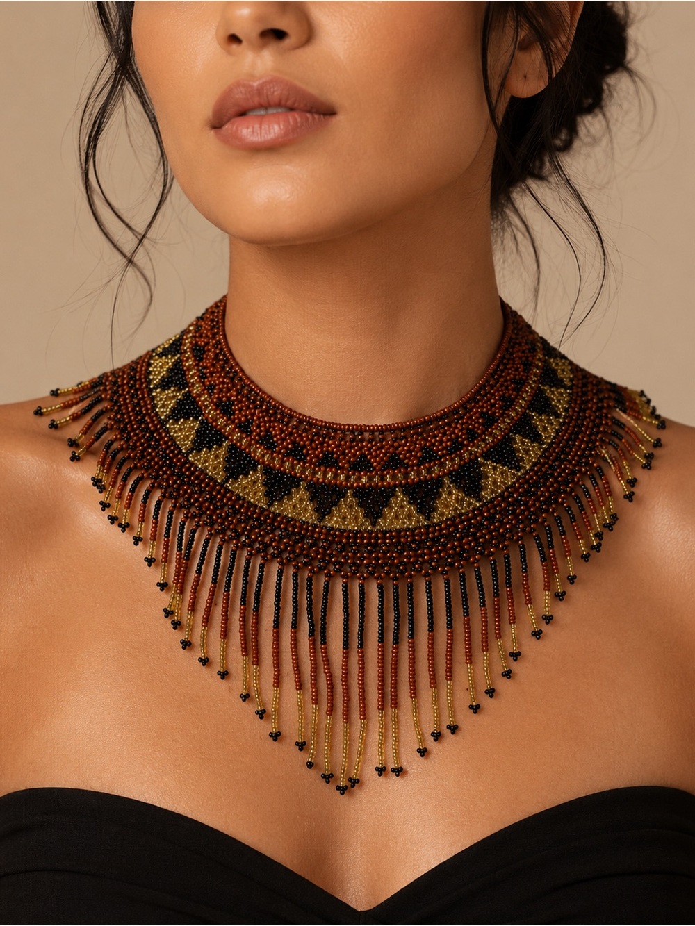 Handmade Beaded Fringe Statement Choker Necklace - Black, Gold, Brown